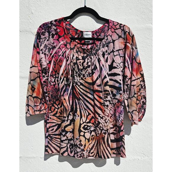 Chicos Womens Top Size 0 Small Pink Ombre Multicolor Embellished Animal Print - Picture 1 of 7